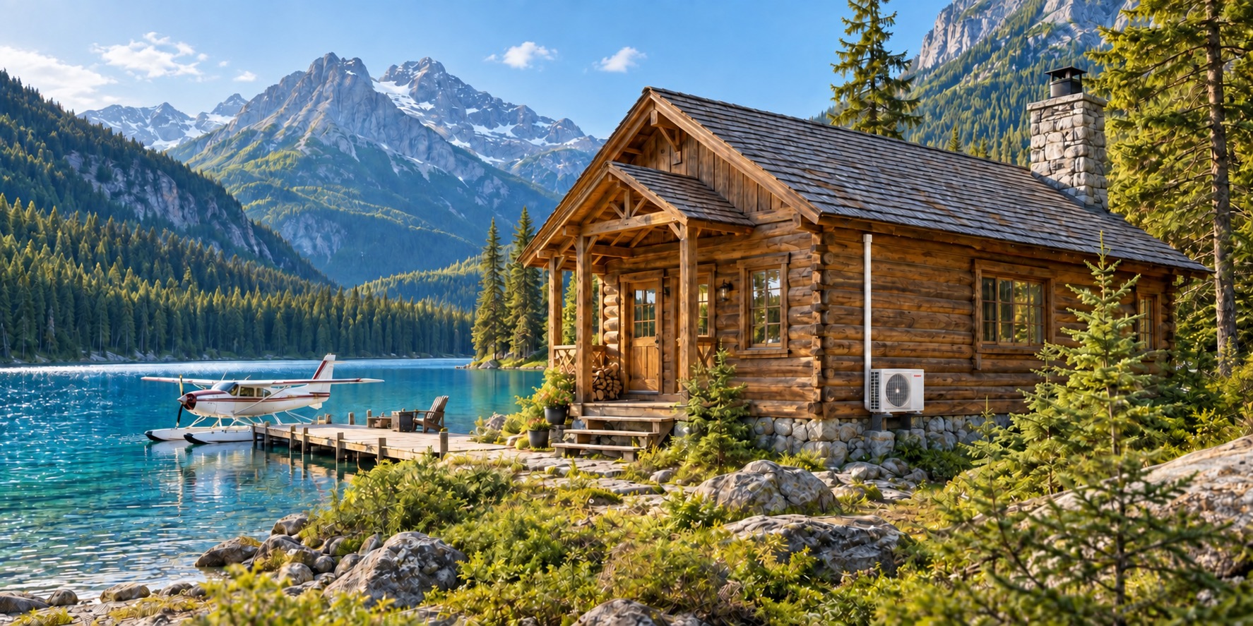Log cabin beside a Kootenay mountain lake, with a dock, float plane and neatly installed heat pump with vertical pipe cover.